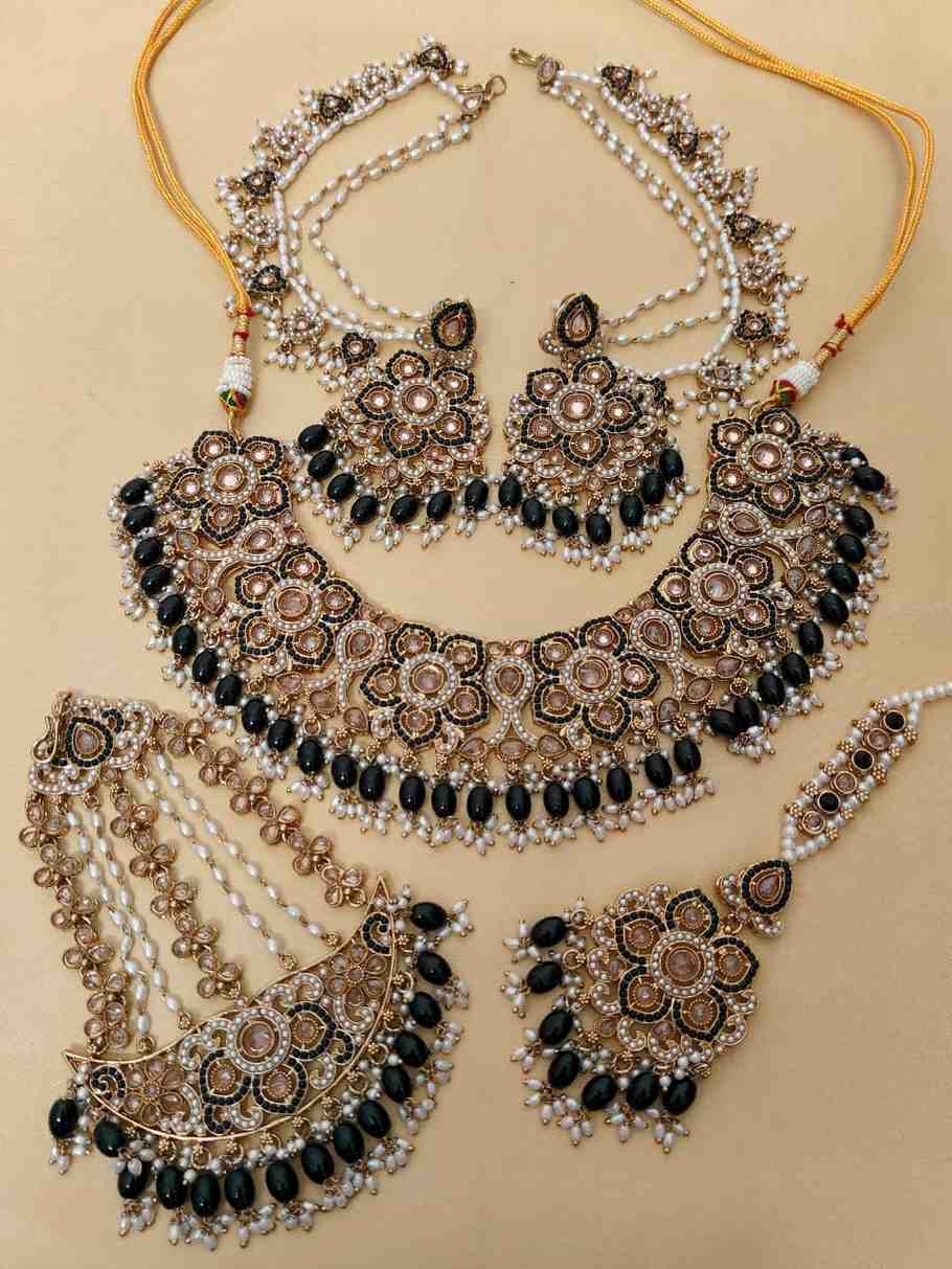 Beautiful Premium Quality Reverse Ad Stone Work Pakistani Necklace With Bahubali Earrings And Tika w