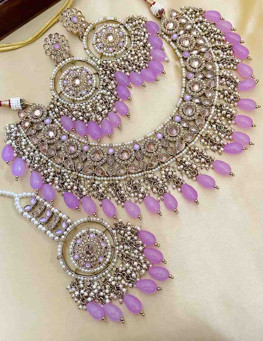 Beautiful Premium Quality  Reverse Ad Stone Work Pakistani Necklace With Beautiful Earrings and tika
