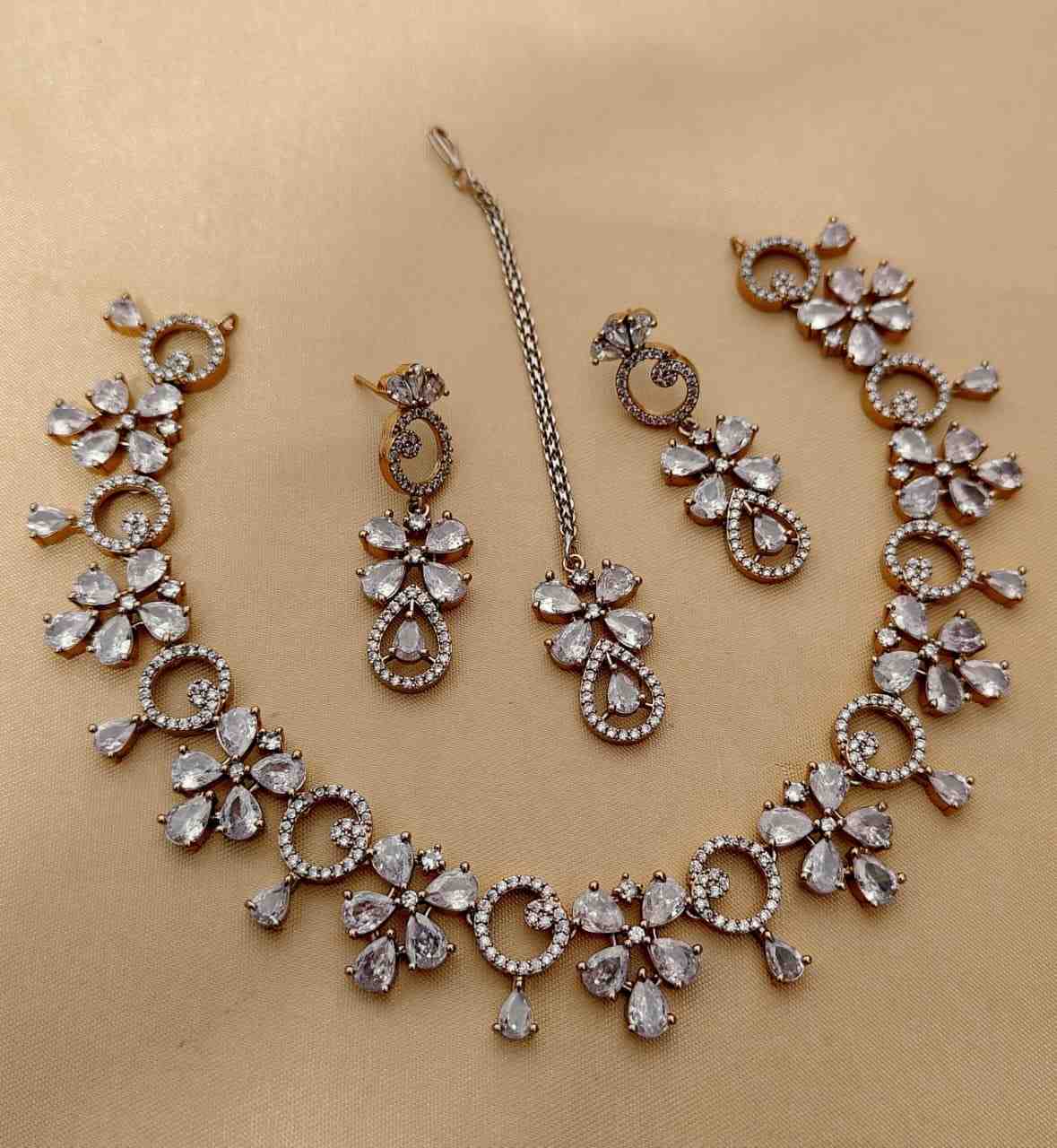 Beautiful Premium Quality  American Diamond  Necklace With Statement Earrings And Tika....