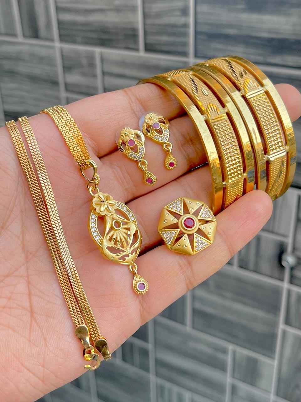 Beautiful Premium Quality Gold Plated Pendant With Earring And 24” Chain With Adjustable Ring And Ba